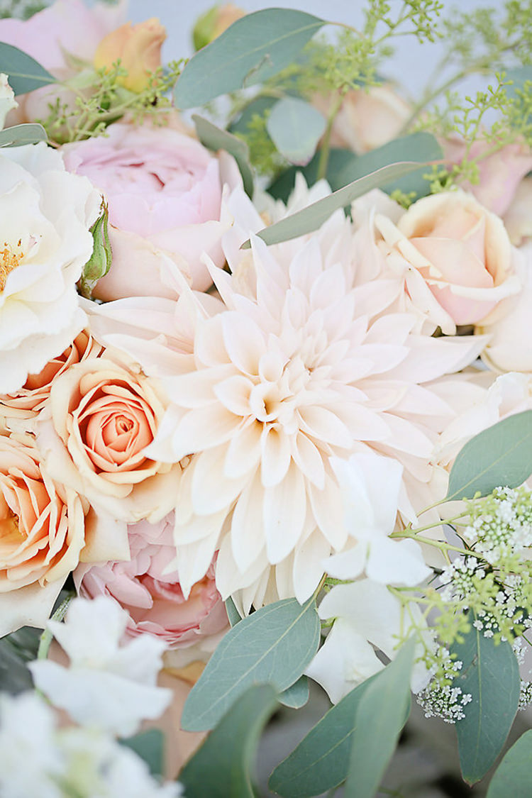 Pink Peach Flowers Floral Rose Dahlia Eucalyptus Pretty Sparkly Lusty Glaze Beach Cornwall Wedding http://victoriamitchellphotography.com/