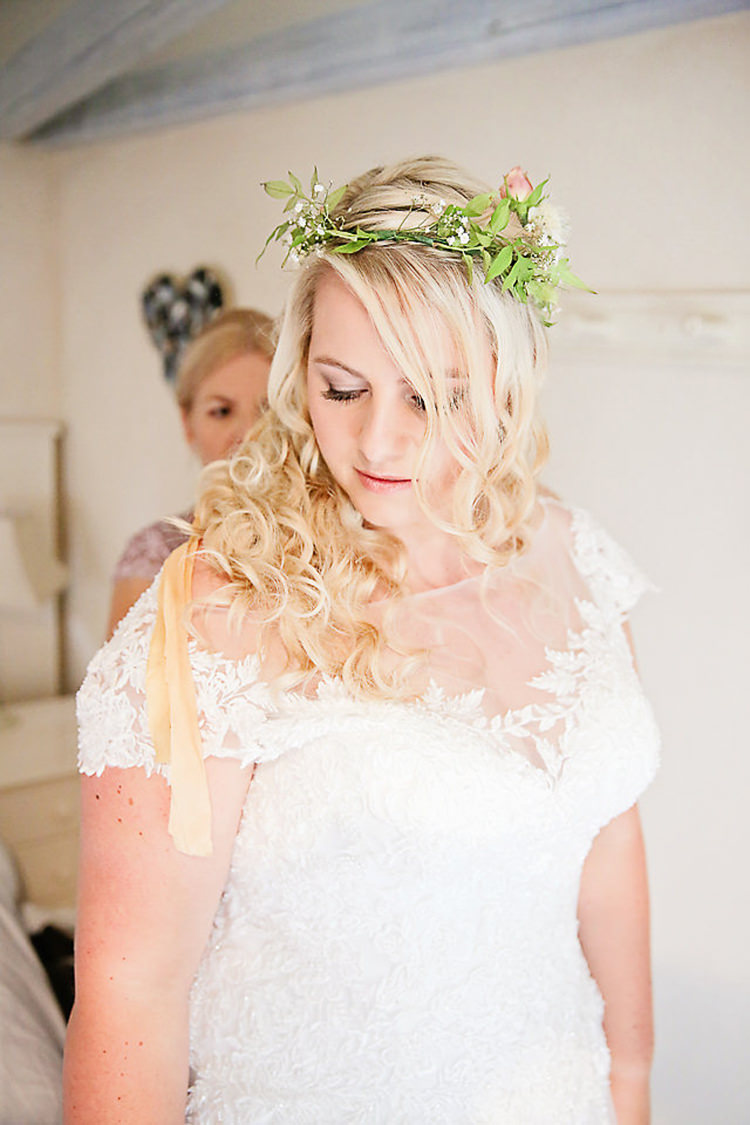 Foliage Crown Hair Piece Lace V Neck Dress Bride Bridal Dress Gown Pretty Sparkly Lusty Glaze Beach Cornwall Wedding http://victoriamitchellphotography.com/