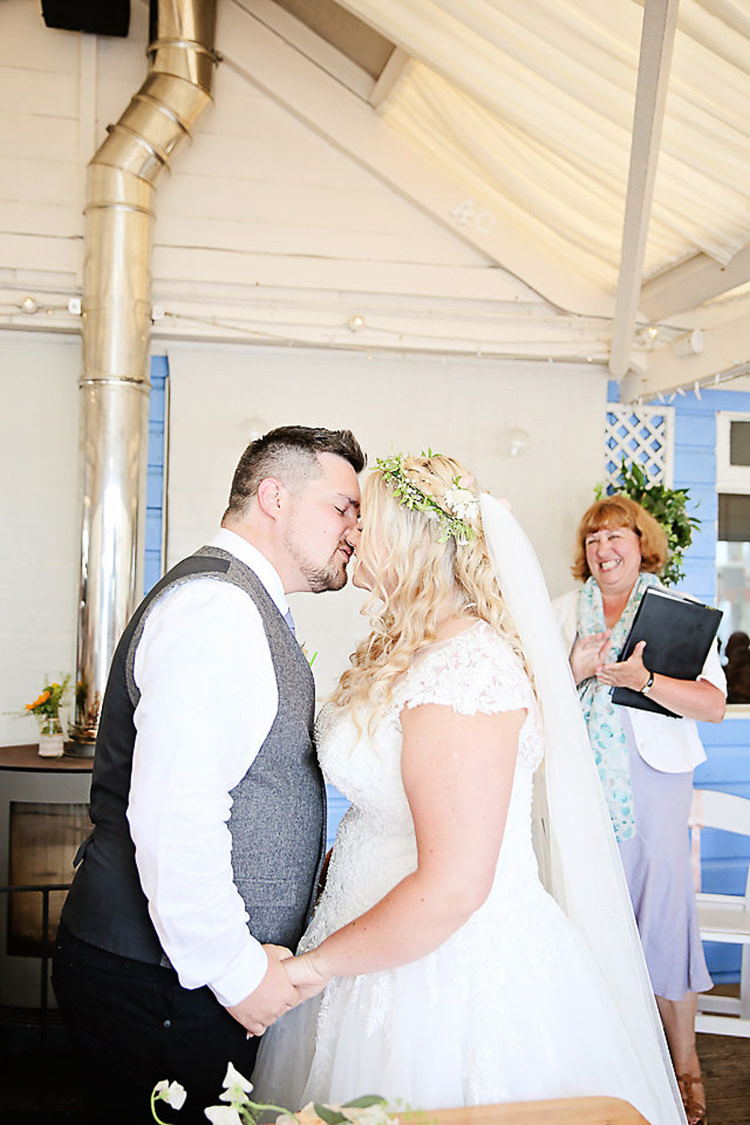 Bride Bridal Dress Gown Lace V Neck Cap Sleeve Pink Peach Bouquet Groom Waistcoat Tweed Grey Flower Foliage Crown Pretty Sparkly Lusty Glaze Beach Cornwall Wedding http://victoriamitchellphotography.com/