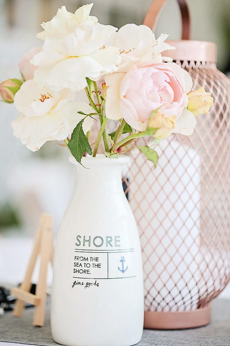 Seaside Vase Roses Pink Peach Table Centre Lantern Pretty Sparkly Lusty Glaze Beach Cornwall Wedding http://victoriamitchellphotography.com/