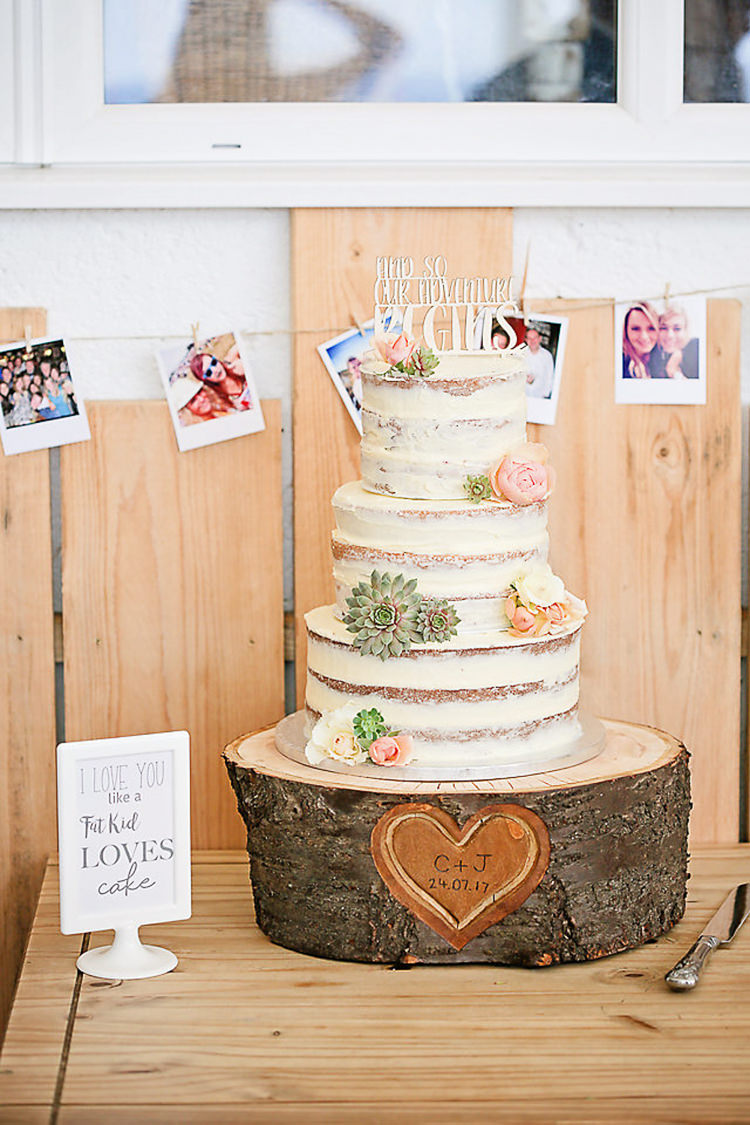 Buttercream Cake Tiered Wood Slice Succulent Flowers Floral Pretty Sparkly Lusty Glaze Beach Cornwall Wedding http://victoriamitchellphotography.com/