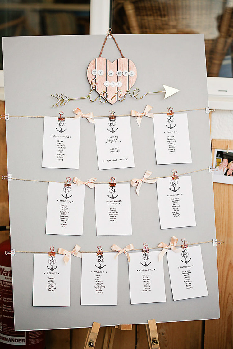 Table Plan Seaside Anchor Pegs Rose Gold Pink Pretty Sparkly Lusty Glaze Beach Cornwall Wedding http://victoriamitchellphotography.com/