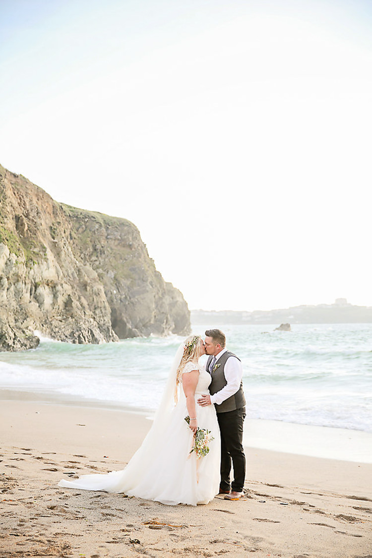 Bride Bridal Dress Gown Lace V Neck Cap Sleeve Pink Peach Bouquet Groom Waistcoat Tweed Grey Flower Foliage Crown Pretty Sparkly Lusty Glaze Beach Cornwall Wedding http://victoriamitchellphotography.com/