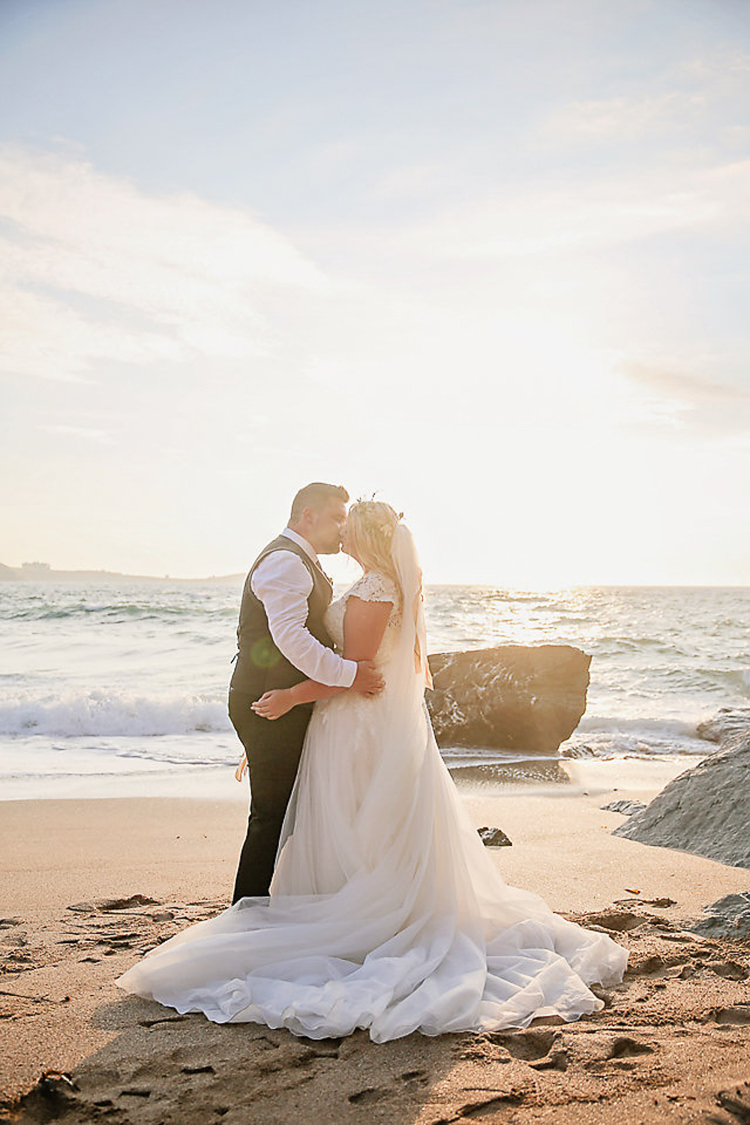 Bride Bridal Dress Gown Lace V Neck Cap Sleeve Pink Peach Bouquet Groom Waistcoat Tweed Grey Flower Foliage Crown Pretty Sparkly Lusty Glaze Beach Cornwall Wedding http://victoriamitchellphotography.com/