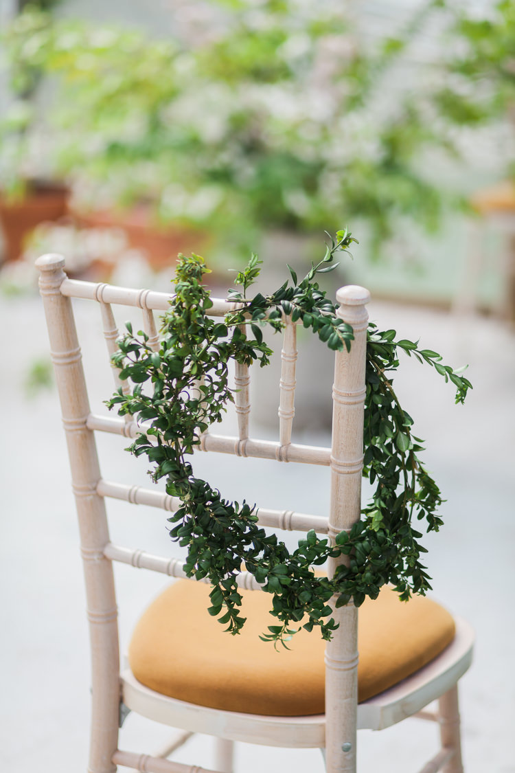 Chair Greenery Foliage Garland Spring Floral Polytunnel Sunny Wedding Colstoun House Scotland http://solenphotography.co.uk/
