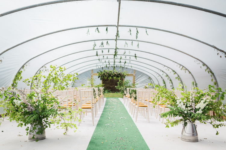 Foliage Greenery Flowers Ceremony Green Carpet Churns Hanging Spring Floral Polytunnel Sunny Wedding Colstoun House Scotland http://solenphotography.co.uk/