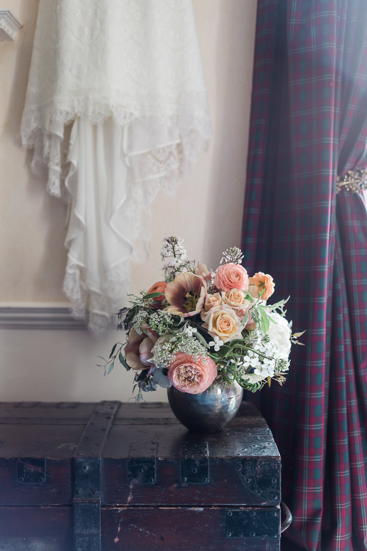 Flower Table Arrangement Rose Peony Gypsophila Peach Pink Spring Floral Polytunnel Sunny Wedding Colstoun House Scotland http://solenphotography.co.uk/