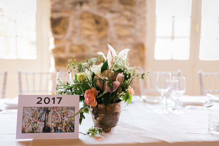 Table Name Flower Arrangement Top Table Spring Floral Polytunnel Sunny Wedding Colstoun House Scotland http://solenphotography.co.uk/