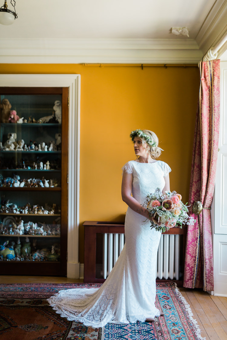 Bride Bridal Gown Dress Backless Simple Cap Sleeve Lace Train Flower Greenery Crown Bouquet Pink Peach Spring Floral Polytunnel Sunny Wedding Colstoun House Scotland http://solenphotography.co.uk/