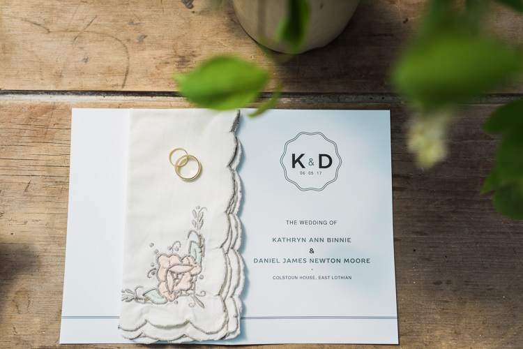 Stationery Hanky Handkerchief Rings Spring Floral Polytunnel Sunny Wedding Colstoun House Scotland http://solenphotography.co.uk/