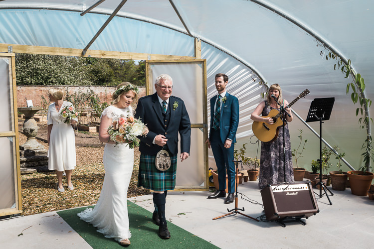 Bride Bridal Gown Dress Backless Simple Cap Sleeve Lace Train Flower Greenery Crown Bouquet Pink Peach Father Kilt Ceremony Spring Floral Polytunnel Sunny Wedding Colstoun House Scotland http://solenphotography.co.uk/