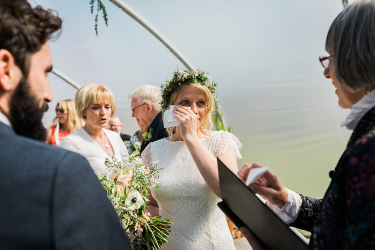 Bride Bridal Gown Dress Backless Simple Cap Sleeve Lace Train Flower Greenery Crown Bouquet Pink Peach Tears Handkerchief Spring Floral Polytunnel Sunny Wedding Colstoun House Scotland http://solenphotography.co.uk/