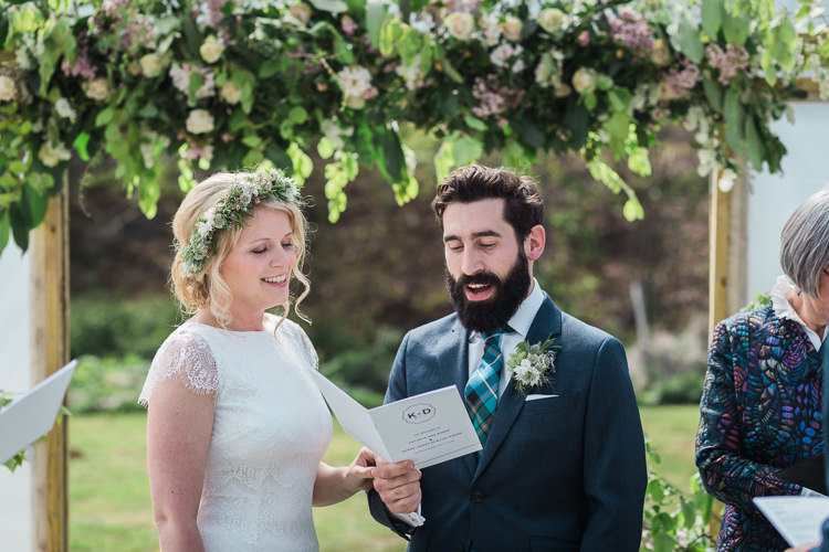 Bride Bridal Gown Dress Backless Simple Cap Sleeve Lace Train Flower Greenery Crown Hackett Groom Blue Tartan Spring Floral Polytunnel Sunny Wedding Colstoun House Scotland http://solenphotography.co.uk/