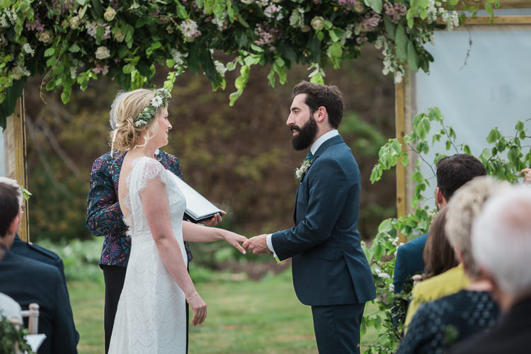 Bride Bridal Gown Dress Backless Simple Cap Sleeve Lace Train Flower Greenery Crown Hackett Groom Blue Suit Spring Floral Polytunnel Sunny Wedding Colstoun House Scotland http://solenphotography.co.uk/
