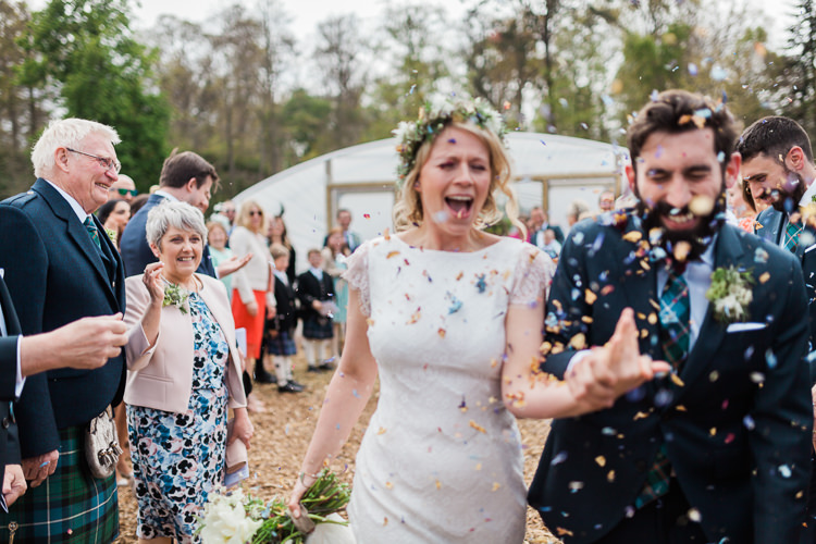 Bride Bridal Gown Dress Backless Simple Cap Sleeve Lace Train Flower Greenery Crown Blue Suit Hackett Groom Bouquet Pink Peach Confetti Spring Floral Polytunnel Sunny Wedding Colstoun House Scotland http://solenphotography.co.uk/