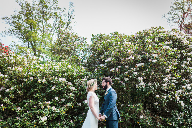Bride Bridal Gown Dress Backless Simple Cap Sleeve Lace Train Flower Greenery Crown Blue Suit Hackett Groom Spring Floral Polytunnel Sunny Wedding Colstoun House Scotland http://solenphotography.co.uk/