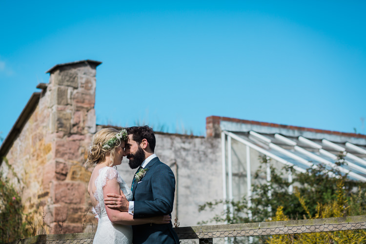 Bride Bridal Gown Dress Backless Simple Cap Sleeve Lace Train Flower Greenery Crown Blue Suit Hackett Groom Spring Floral Polytunnel Sunny Wedding Colstoun House Scotland http://solenphotography.co.uk/