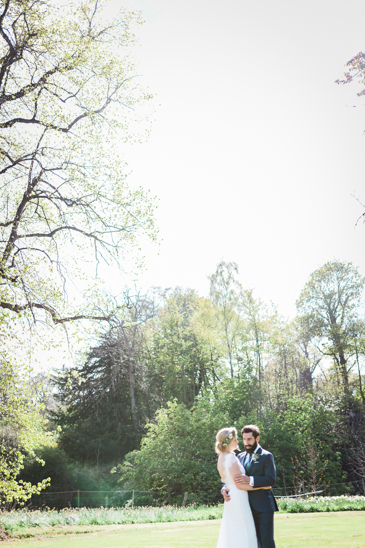 Bride Bridal Gown Dress Backless Simple Cap Sleeve Lace Train Flower Greenery Crown Blue Suit Hackett Groom Spring Floral Polytunnel Sunny Wedding Colstoun House Scotland http://solenphotography.co.uk/