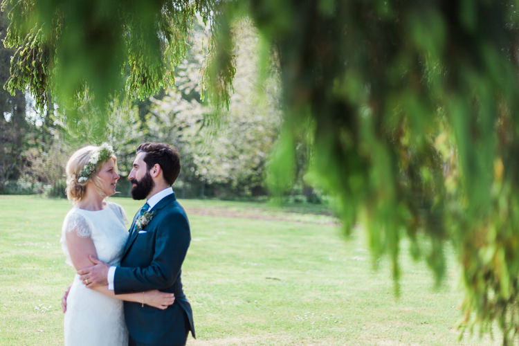 Bride Bridal Gown Dress Backless Simple Cap Sleeve Lace Train Flower Greenery Crown Blue Suit Hackett Groom Spring Floral Polytunnel Sunny Wedding Colstoun House Scotland http://solenphotography.co.uk/