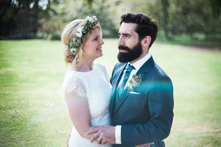Bride Bridal Gown Dress Backless Simple Cap Sleeve Lace Train Flower Greenery Crown Blue Suit Hackett Groom Spring Floral Polytunnel Sunny Wedding Colstoun House Scotland http://solenphotography.co.uk/