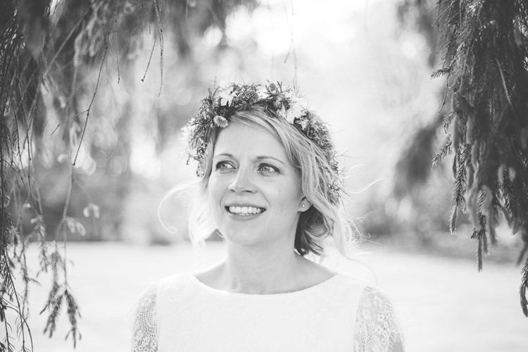 Bride Bridal Cap Sleeve Lace Dress Flower Crown Greenery Foliage Spring Floral Polytunnel Sunny Wedding Colstoun House Scotland http://solenphotography.co.uk/