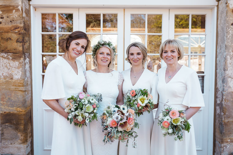 Bride Bridal Gown Dress Backless Simple Cap Sleeve Lace Train Flower Greenery Crown Bridesmaids Ivory Bell Sleeve Bouquet Pink Peach Spring Floral Polytunnel Sunny Wedding Colstoun House Scotland http://solenphotography.co.uk/