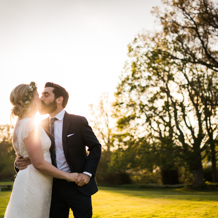 Bride Bridal Gown Dress Backless Simple Cap Sleeve Lace Train Flower Greenery Crown Blue Suit Hackett Groom Spring Floral Polytunnel Sunny Wedding Colstoun House Scotland http://solenphotography.co.uk/