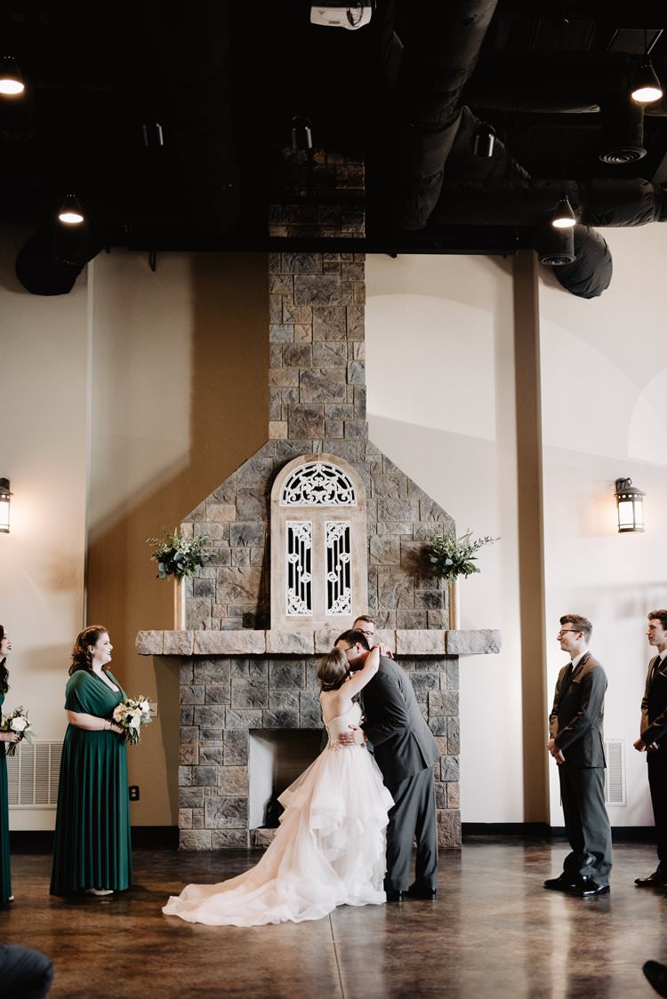 Outdoor Destination Classic Pink Bride Princess Gown Neutral Simple White Romantic Castle Window Aisle Ceremony Kiss | Dreamy Blush Emerald Fairytale Wedding Oklahoma http://www.kelcyleighphotography.com/