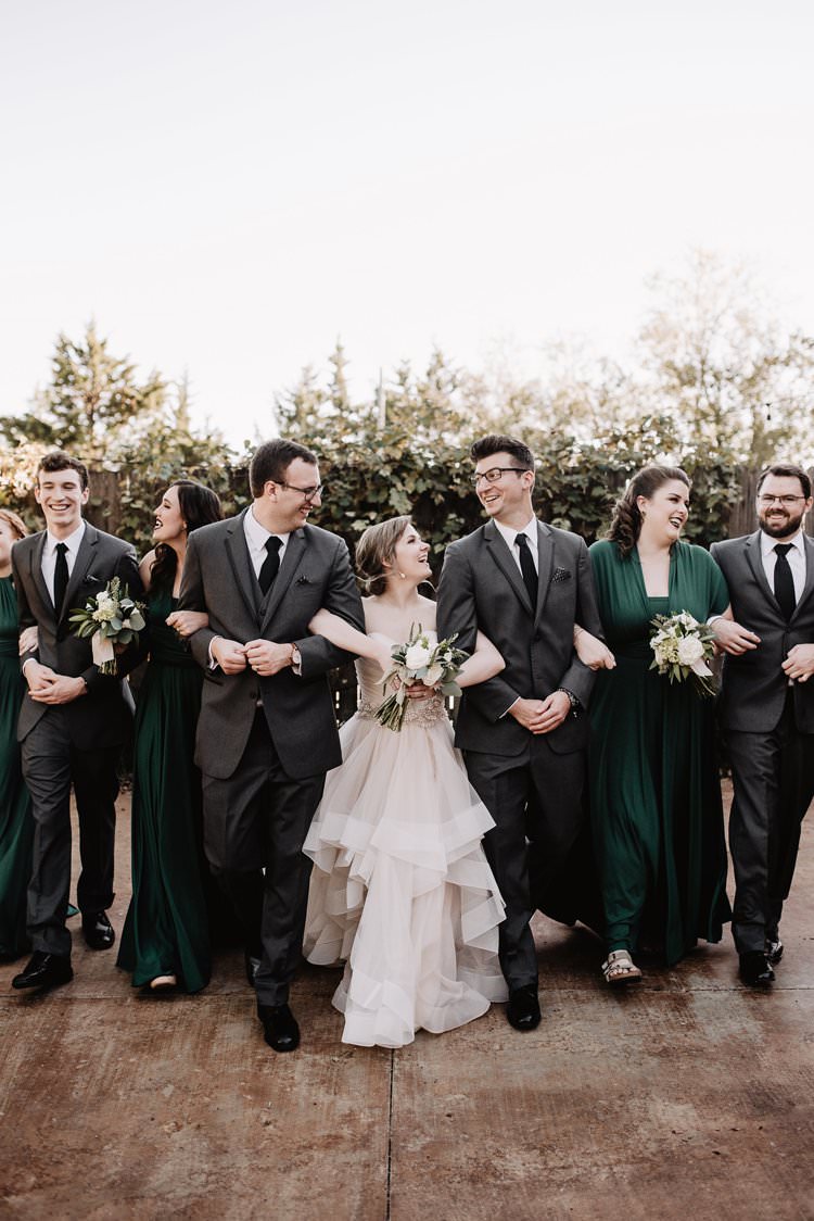 Outdoor Destination Classic Romantic Pink Princess Gown Bride Emerald Green Bridesmaids White Bouquet Groom Groomsmen | Dreamy Blush Emerald Fairytale Wedding Oklahoma http://www.kelcyleighphotography.com/