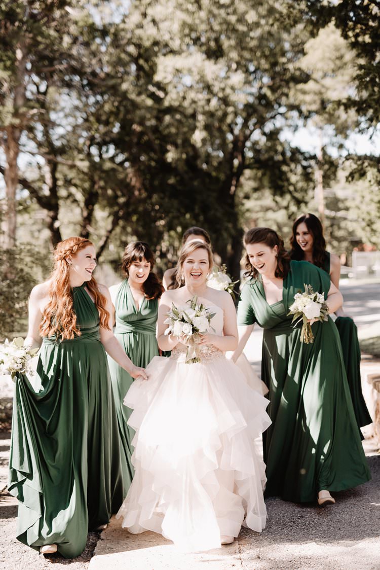 Outdoor Destination Classic Romantic Pink Princess Gown Bride Emerald Green Bridesmaids | Dreamy Blush Emerald Fairytale Wedding Oklahoma http://www.kelcyleighphotography.com/