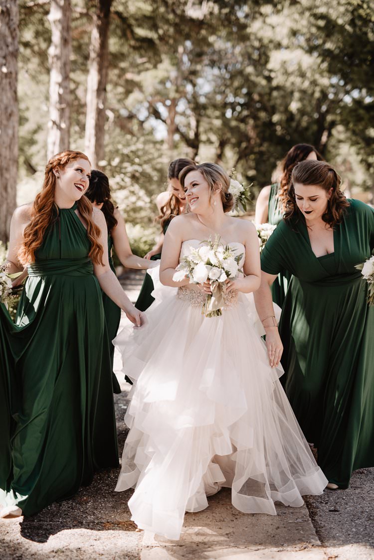 Outdoor Destination Classic Romantic Pink Princess Gown Bride Emerald Green Bridesmaids White Bouquet | Dreamy Blush Emerald Fairytale Wedding Oklahoma http://www.kelcyleighphotography.com/