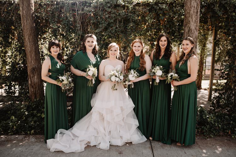 Outdoor Destination Classic Pink Bride Gown Emerald Green Bridesmaids Neutral Simple White Bouquet | Dreamy Blush Emerald Fairytale Wedding Oklahoma http://www.kelcyleighphotography.com/