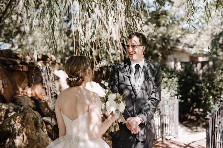 Outdoor Destination Classic Pink Bride Gown Neutral Simple White Greenery Bouquet First Look | Dreamy Blush Emerald Fairytale Wedding Oklahoma http://www.kelcyleighphotography.com/