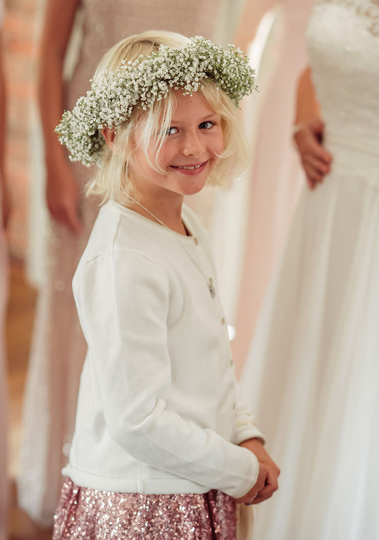 Gypsophila Flower Crown Girl Bridesmaid Seqiun Dress Cardigan Bridge House Barn Leicestershire Wedding Colourful DIY Festival Tipi https://bpwphotography.com/