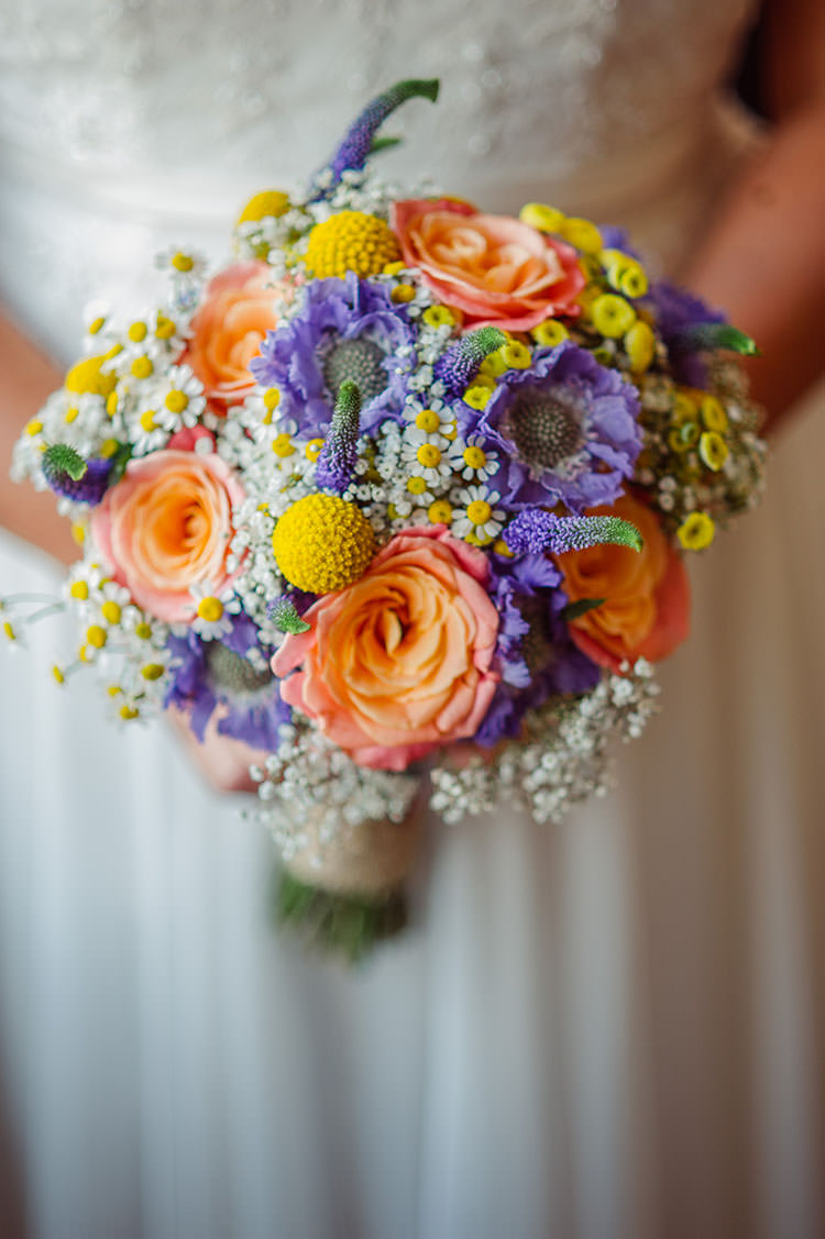 Bouquet Flowers Bride Bridal Peach Miss Piggy Rose Purple Scabiosa Tanacetum Craspedia Veronica White Gypsophila Bridge House Barn Leicestershire Wedding Colourful DIY Festival Tipi https://bpwphotography.com/