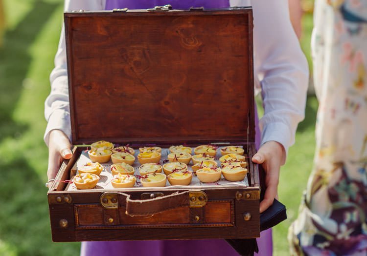 Canapes Food Suitcase Bridge House Barn Leicestershire Wedding Colourful DIY Festival Tipi https://bpwphotography.com/