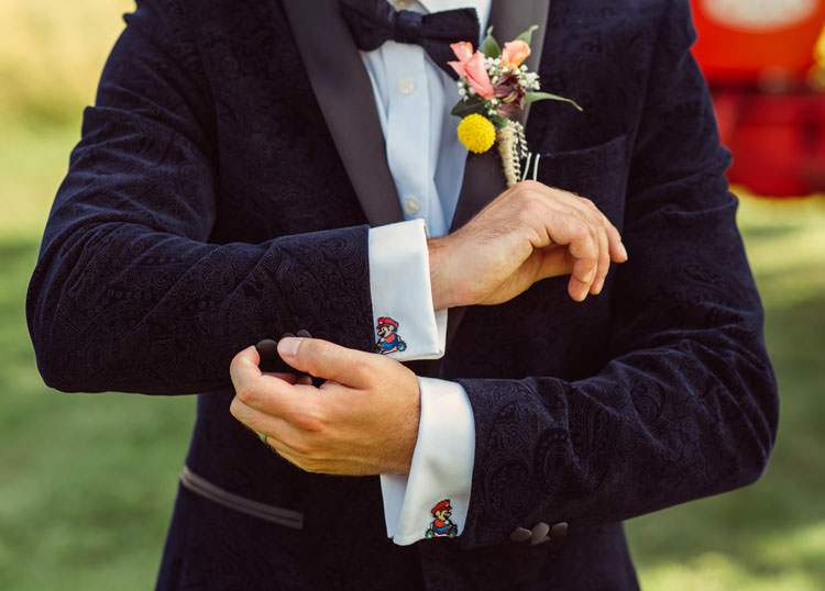 Velvet Jacket Groom Cufflinks Mario Bridge House Barn Leicestershire Wedding Colourful DIY Festival Tipi https://bpwphotography.com/