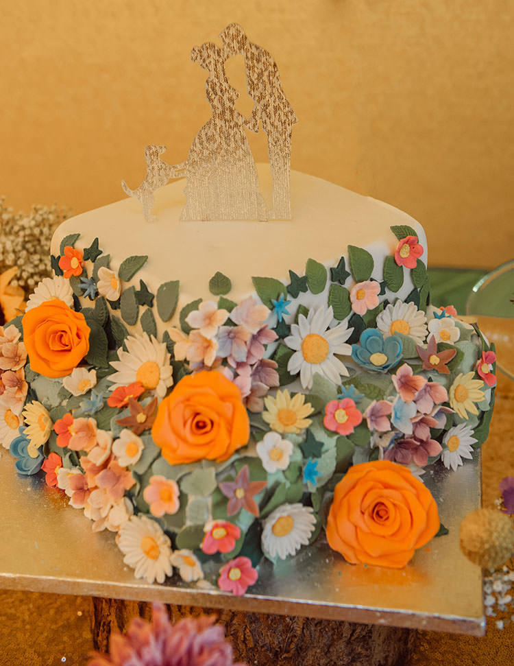 Floral Cake Sugar Flowers Homemade Bridge House Barn Leicestershire Wedding Colourful DIY Festival Tipi https://bpwphotography.com/