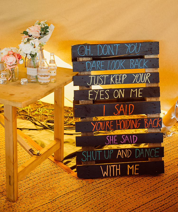 Wooden Pallet Blackboard Sign Quote Bridge House Barn Leicestershire Wedding Colourful DIY Festival Tipi https://bpwphotography.com/