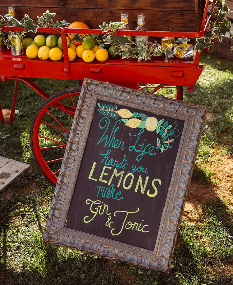 Wooden Gin Drinks Blackboard Sign Quote Bridge House Barn Leicestershire Wedding Colourful DIY Festival Tipi https://bpwphotography.com/