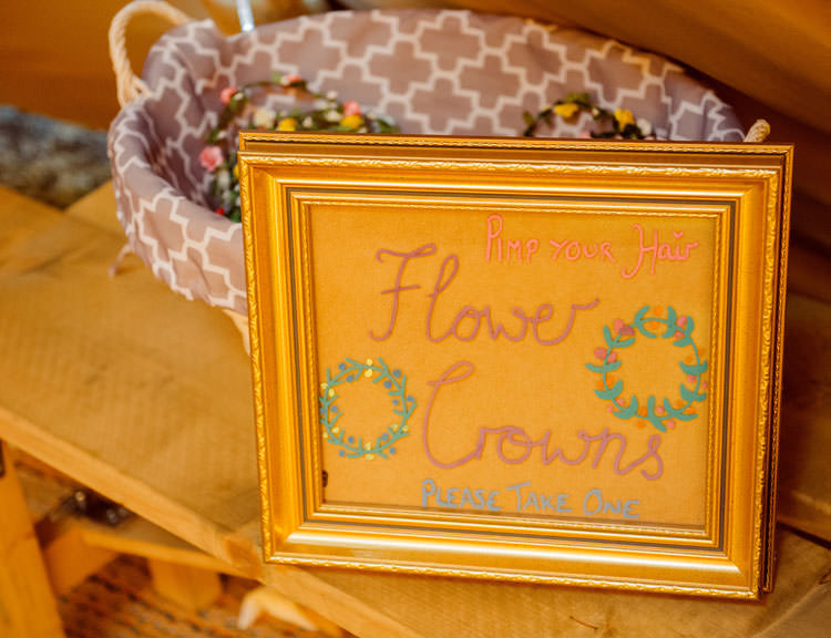 Flower Crowns Guests Sign Bridge House Barn Leicestershire Wedding Colourful DIY Festival Tipi https://bpwphotography.com/