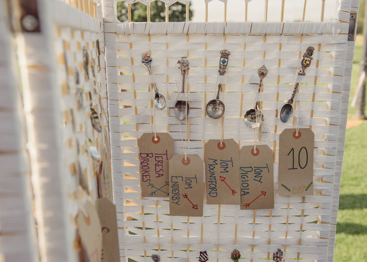 Spoon Seating Plan Table Chart Luggage Tag Bridge House Barn Leicestershire Wedding Colourful DIY Festival Tipi https://bpwphotography.com/