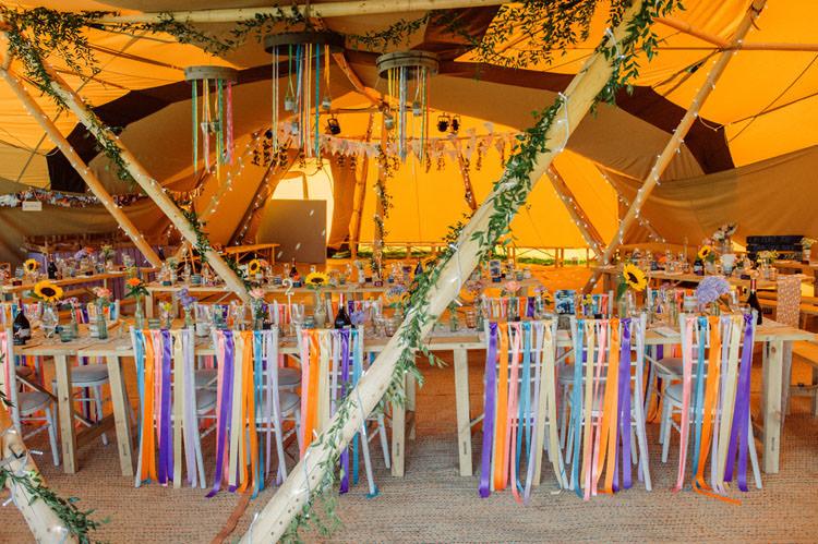 Rainbow Ribbons Chair Decor Bridge House Barn Leicestershire Wedding Colourful DIY Festival Tipi https://bpwphotography.com/