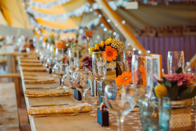 Jar Flowers Long Tables Bridge House Barn Leicestershire Wedding Colourful DIY Festival Tipi https://bpwphotography.com/