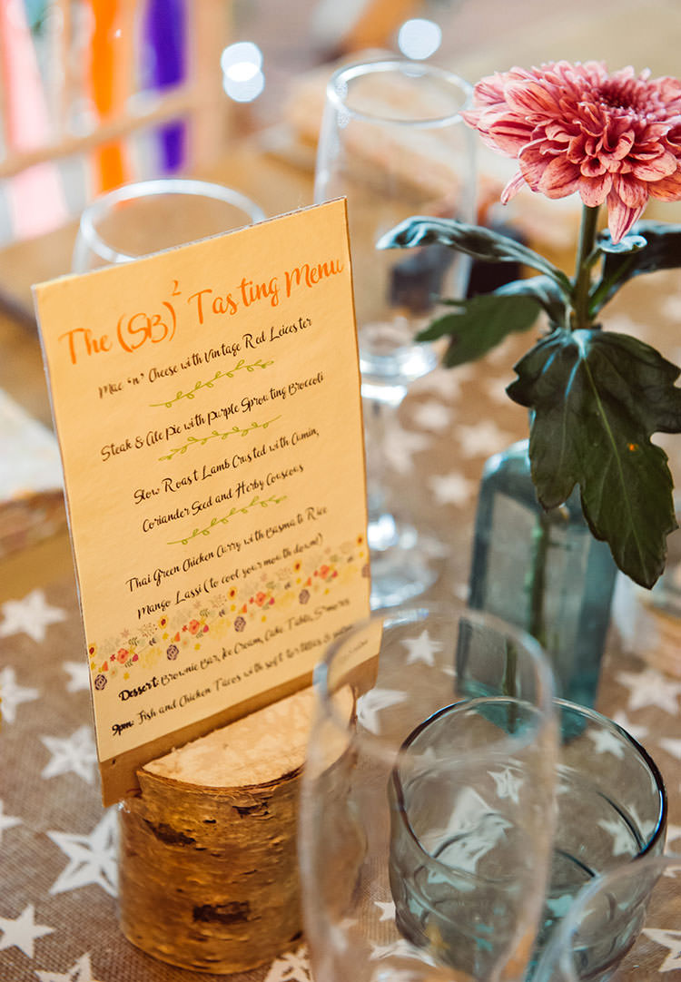 Wooden Menu Log Slice Stationery Bridge House Barn Leicestershire Wedding Colourful DIY Festival Tipi https://bpwphotography.com/