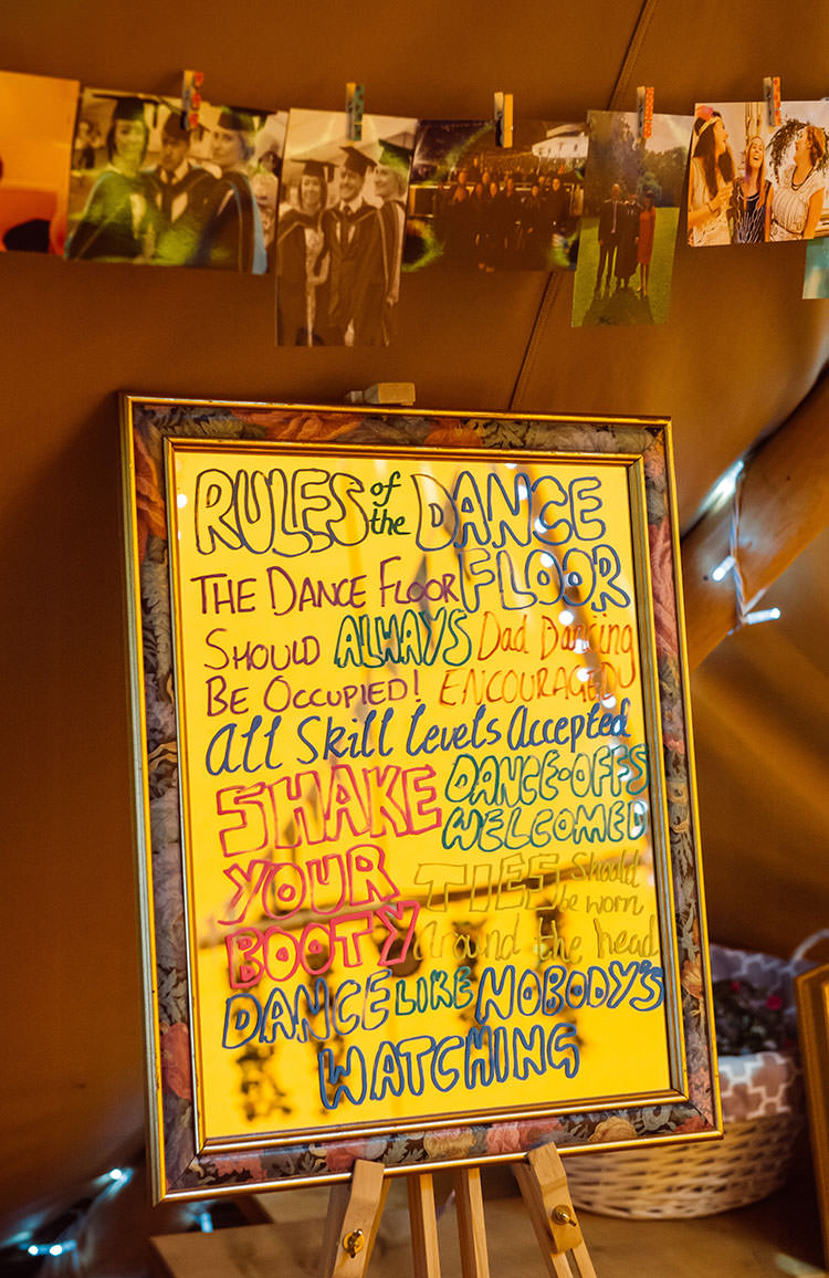 Dancefloor Rules Sign Bridge House Barn Leicestershire Wedding Colourful DIY Festival Tipi https://bpwphotography.com/