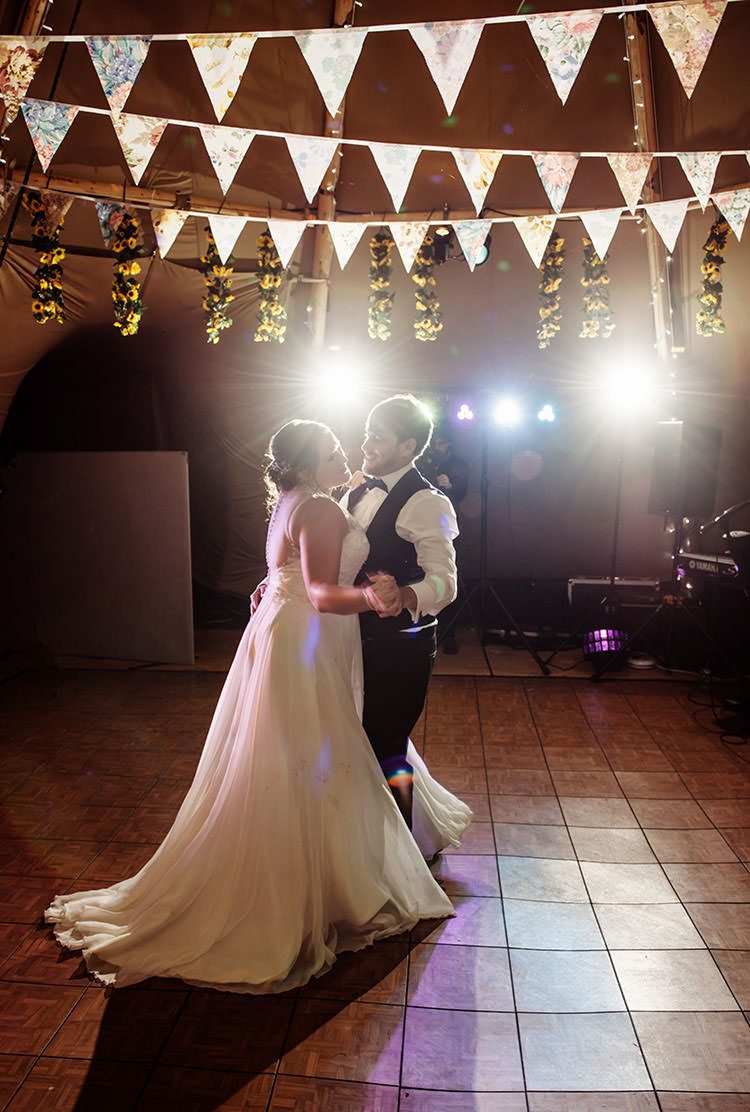 First Dance Bridge House Barn Leicestershire Wedding Colourful DIY Festival Tipi https://bpwphotography.com/
