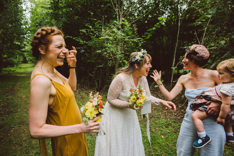 Bride Bridal Lace long Sleeved Dress Gown V Neck Yellow Bridesmaid Halo Plait Bouquet Wild Flower Woodland Organic Farm Shop Wedding Gloucestershire https://www.edgodden.co.uk/