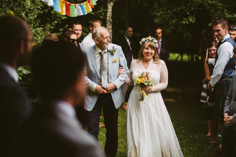 Bride Bridal Lace long Sleeved Dress Gown V Neck Wild Flower Bouquet Yellow Dip Dye Underskirt Woodland Organic Farm Shop Wedding Gloucestershire https://www.edgodden.co.uk/