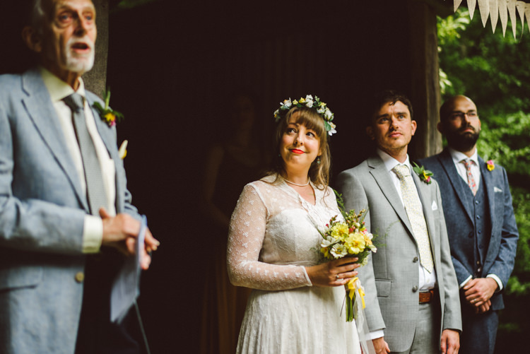 Bride Bridal Lace long Sleeved Dress Gown V Neck Wild Flower Bouquet Yellow Dip Dye Underskirt Groom Grey Suit Woodland Organic Farm Shop Wedding Gloucestershire https://www.edgodden.co.uk/